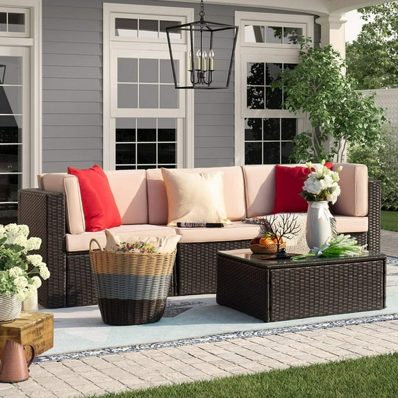 Homall 4 Pieces Outdoor Sectional Sofa Wicker Conversation Sets Patio Rattan Furniture Set with Cushions and Glass Table