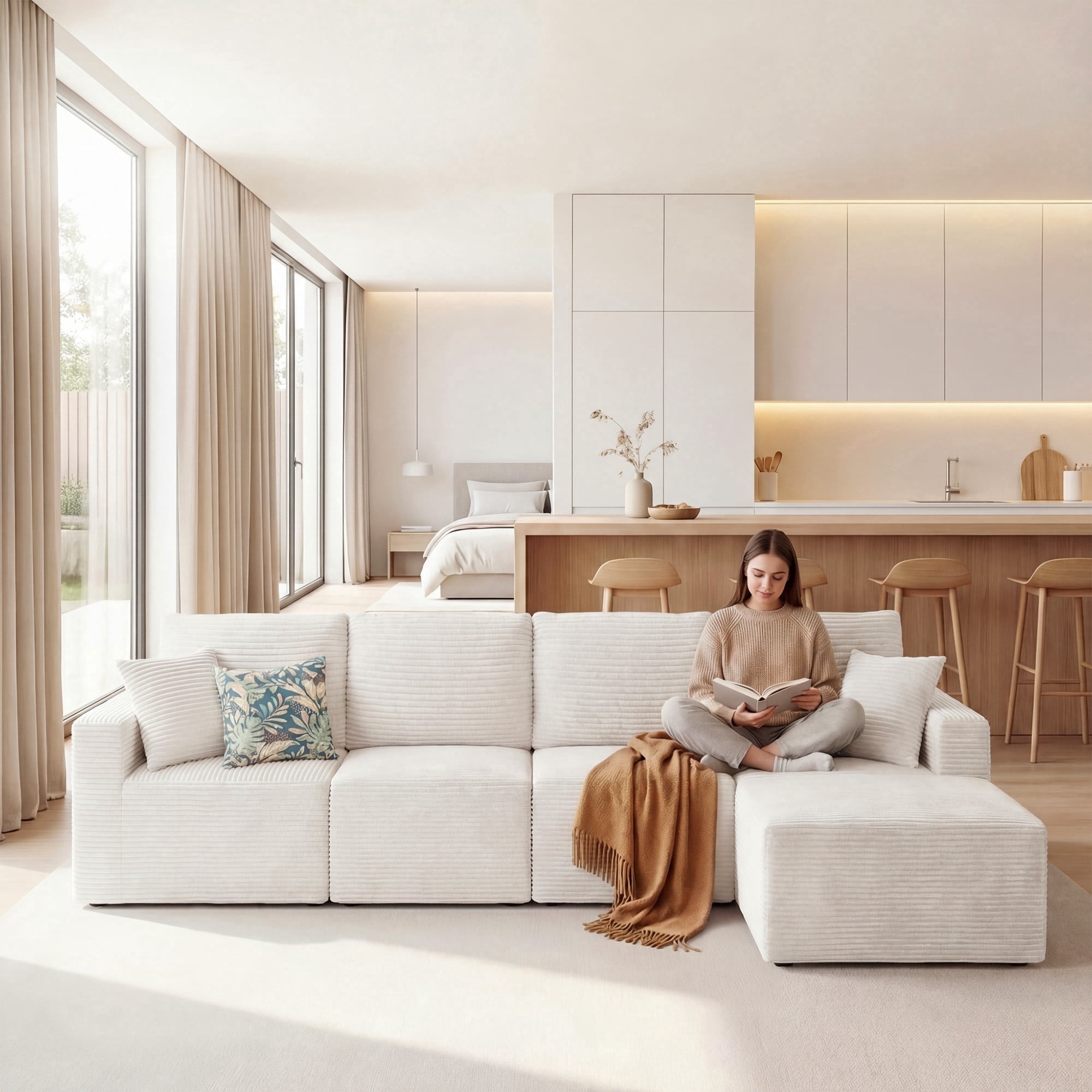Homall 4-Seat L-shaped Modular Corduroy Sofa, Sectional Couch with Convertible Modules, Modern Minimalist Sofa Set for Living Room, Freely Combinable Sofa Furniture, Beige