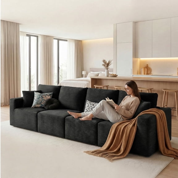 Homall 4-Seat Modular Corduroy Sofa, Sectional Couch with Convertible Modules, Modern Minimalist Sofa Set for Living Room, Freely Combinable Sofa Furniture, Black