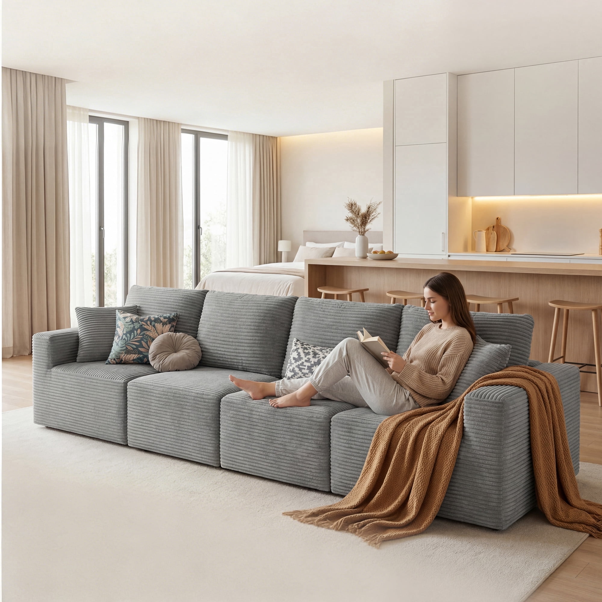 Homall 4-Seat Modular Corduroy Sofa, Sectional Couch with Convertible Modules, Modern Minimalist Sofa Set for Living Room, Freely Combinable Sofa Furniture, Grey