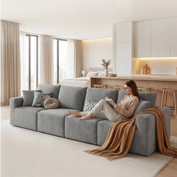 Homall 4-Seat Modular Corduroy Sofa, Sectional Couch with Convertible Modules, Modern Minimalist Sofa Set for Living Room, Freely Combinable Sofa Furniture, Grey
