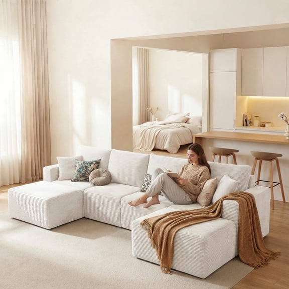 Homall 4-Seat U-shaped Modular Corduroy Sofa, Sectional Couch with Convertible Modules, Modern Minimalist Sofa Set for Living Room, Freely Combinable Sofa Furniture, Beige