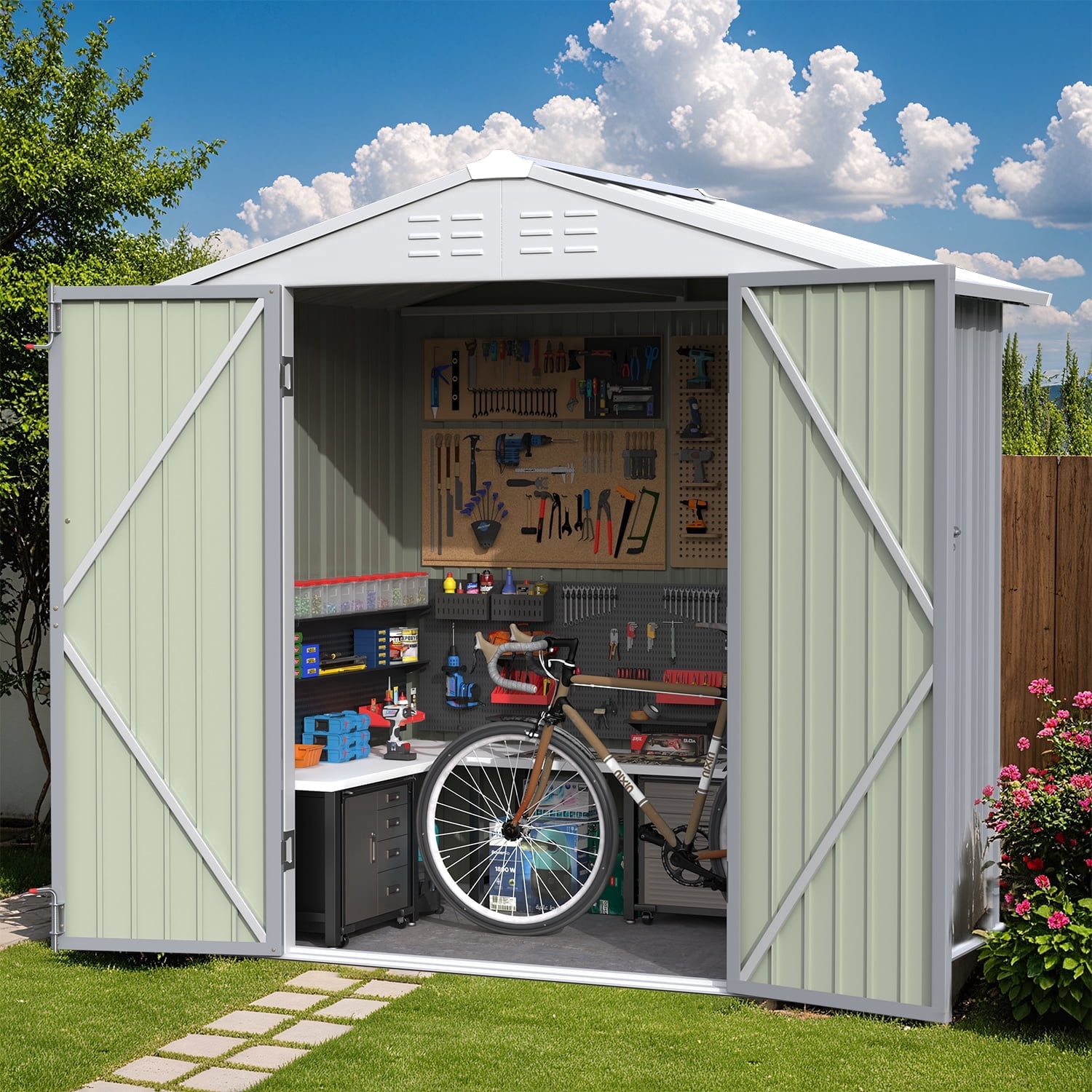 Homall 6' x 4' Mental Outdoor Storage Shed with Sloping Roof and Lockable Door, for Backyard & Garden, Gray