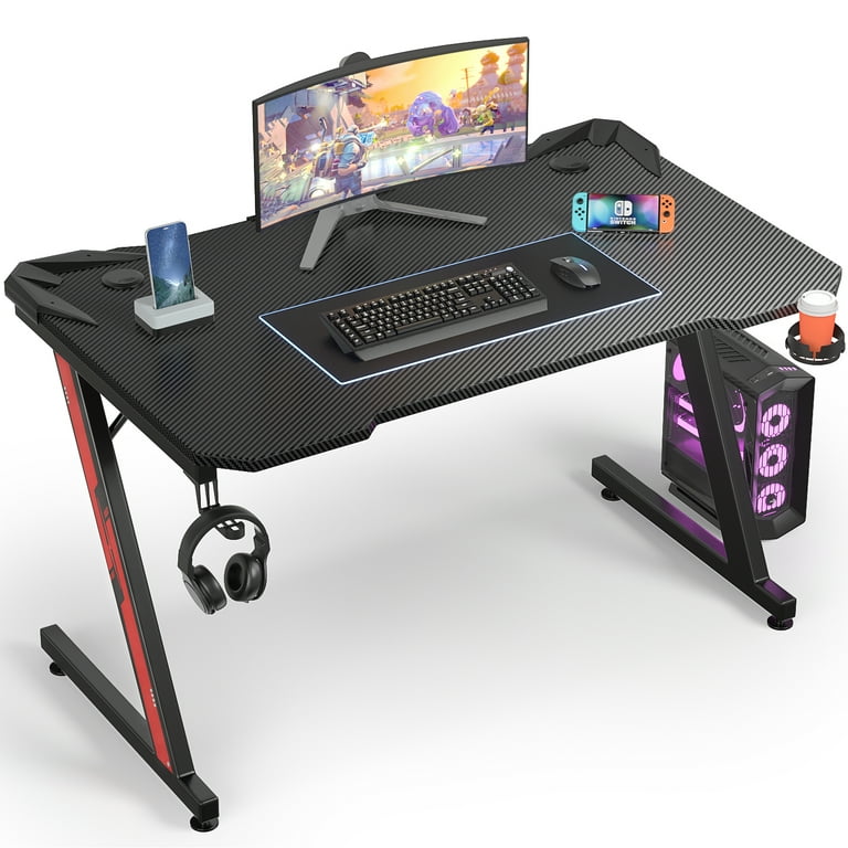 Homall 44 Inches Z-Shaped Gaming Desk Carbon Fiber Surface Desk with Cup  Holder & Headphone Hook, Black 