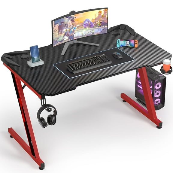 Homall 44 Inches Z-Shaped Gaming Desk Carbon Fiber Surface Desk with Cup Holder & Headphone Hook, Classic Red