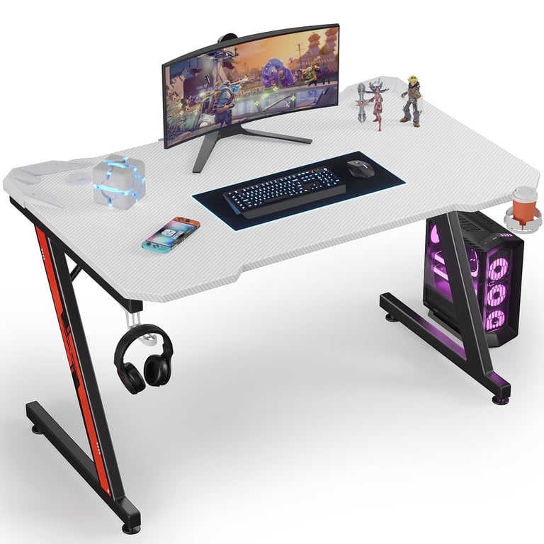 Homall Gaming Tafel – 120x60 Cm, Met Bekerhouder & Hoofdtelefoonhaak – Z-vormig Stalen Frame, Koolstofvezel Oppervlak – Stabiel & Stijlvol