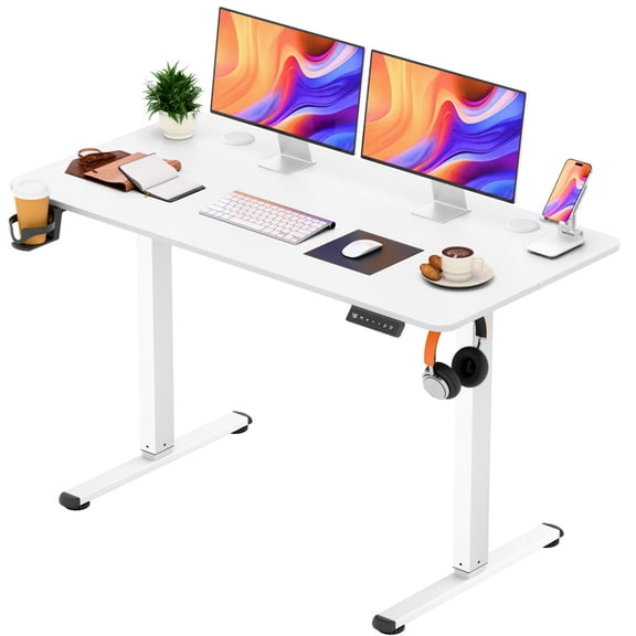 Homall 45.3" Electric Height Adjustable Standing Desk, Sit-Stand Home Office Desk with Cable Management, Cup Holder & Side Hook, White