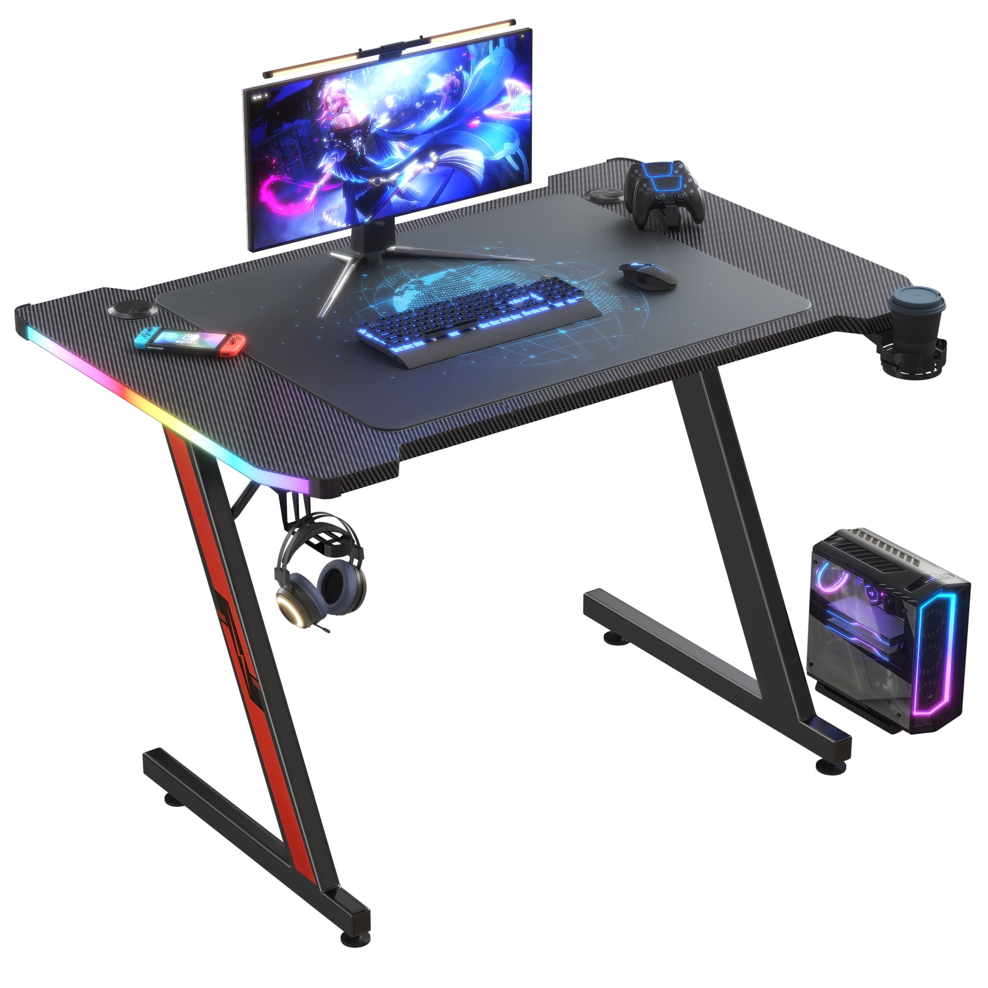 GTRACING 55 Large RGB Gaming Desk with Mouse Pad T Shaped Office Chair Computer Desk Spacious Work Surface Table Black Walmart