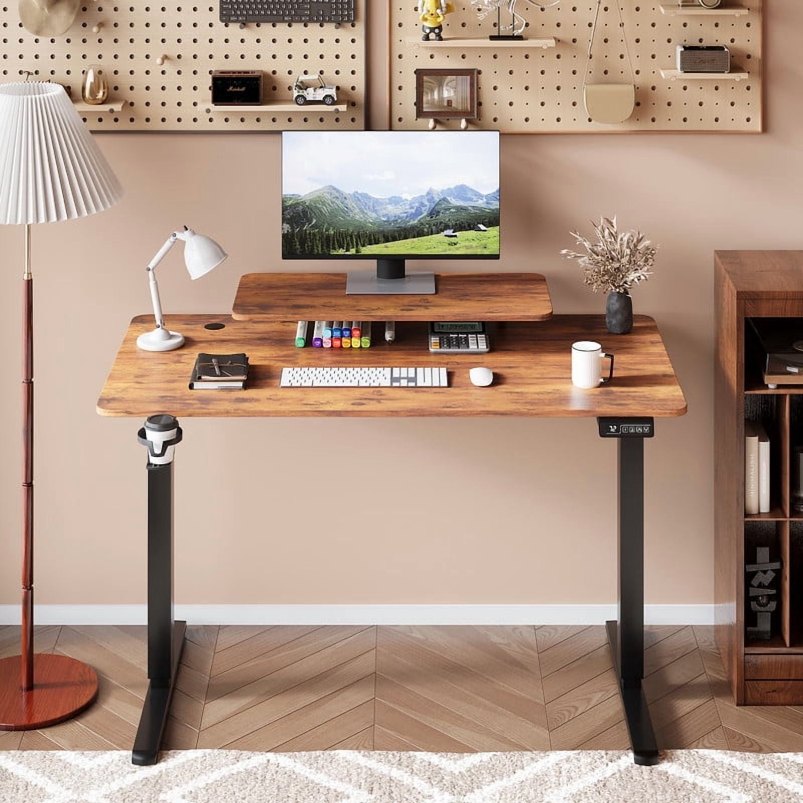 Homall 47" Wide Electric Height Adjustable Standing Desk with Monitor Stand Lifting Range 28~46" Stand Up Office Desk for Home Office,Brown