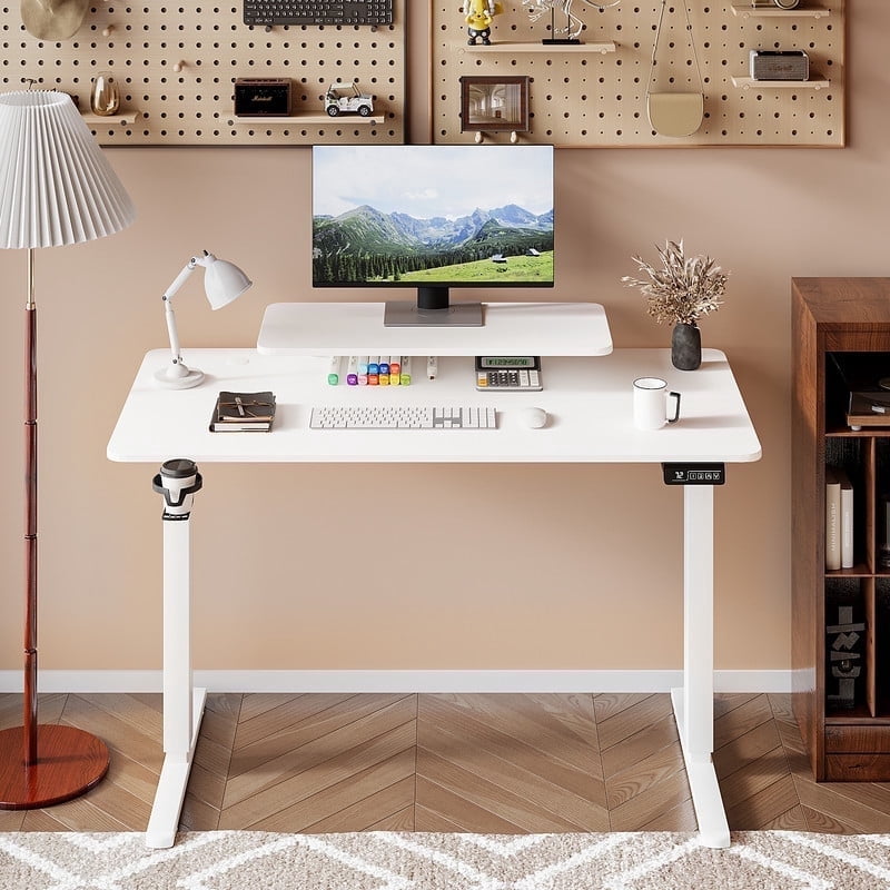 Homall 47" Wide Electric Standing Desk with Monitor Stand Lifting Range 28~46" Height Adjustable Stand Up Office Desk for Home Office, White