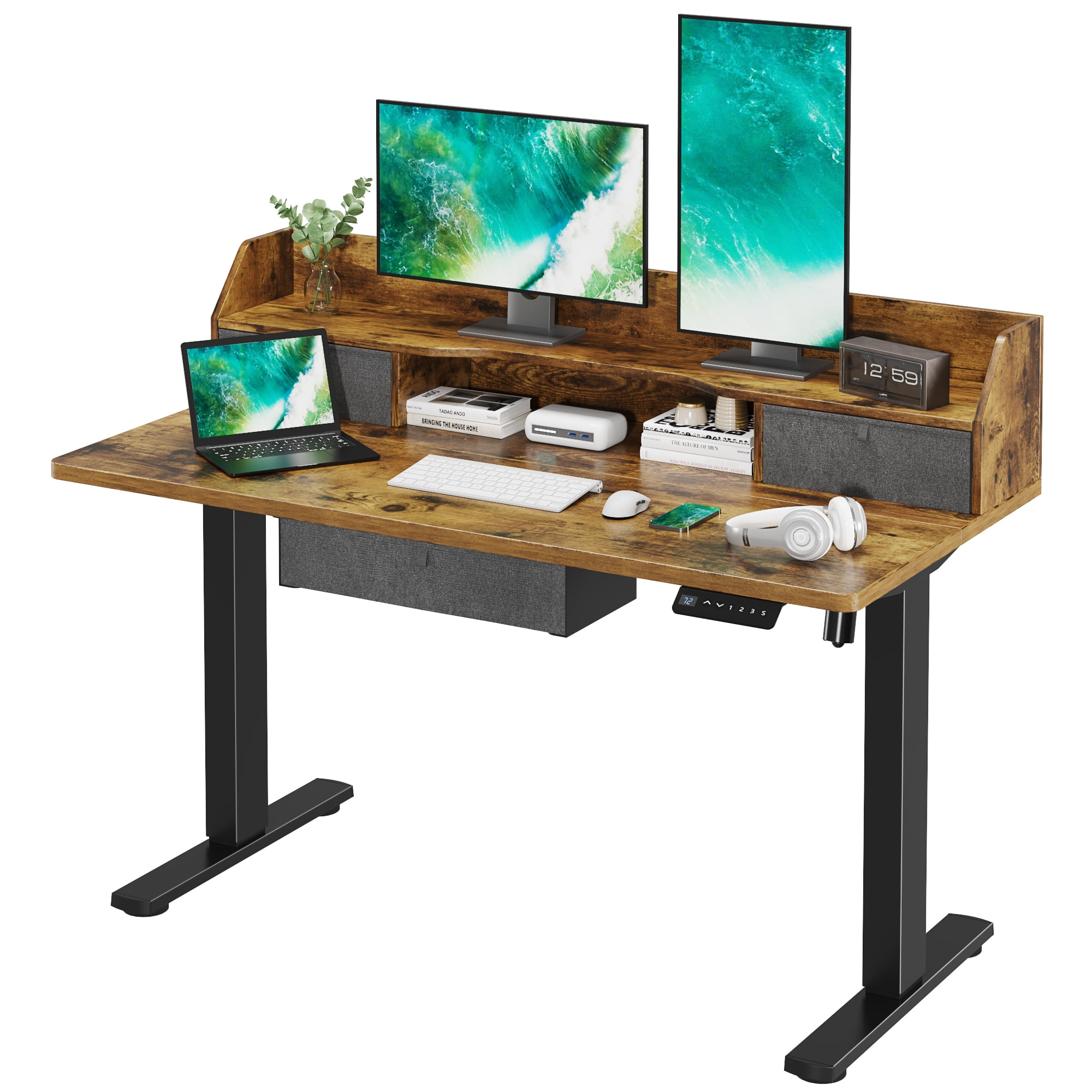 Homall 48 inch 24 inch Electric Height Adjustable Standing Desk Home Office Computer Desk Memory Preset with T-shaped Metal Bracket, Black&Wood, Beige