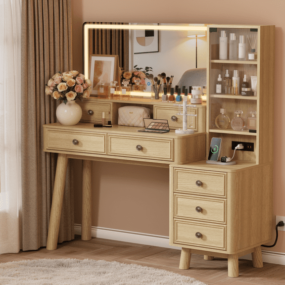 Homall 48'' Makeup Vanity Set with 36'' Large Mirror & LED Lights, Retro Vanity Desk with 7 Drawers & 3 Shelves, Vanity Table with Charging Station for Bedroom, Natural Oak(2 pack)