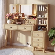 Homall 48'' Makeup Vanity Set with Large Mirror & LED Lights, Retro Vanity Desk with 7 Drawers & 3 Shelves, Vanity Table with Charging Station for Bedroom, Natural Oak2 packs