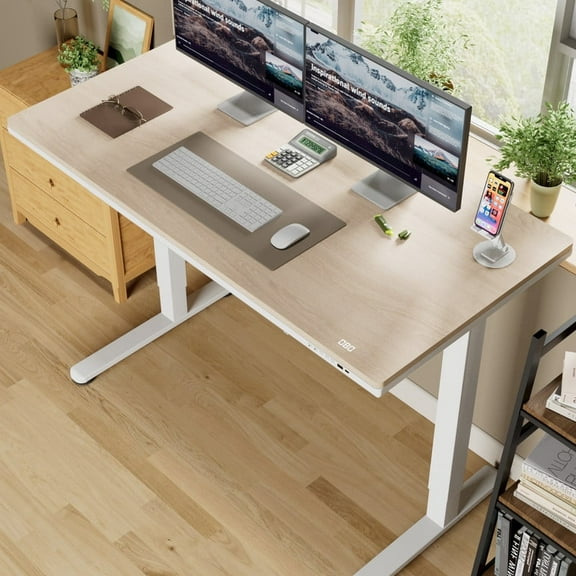 Homall 48" x 24" Wood Top Electric Standing Desk with Drawer, Height Adjustable Desk with Phone Stand & Charging Ports, Sit Stand up for Home Office,Beige