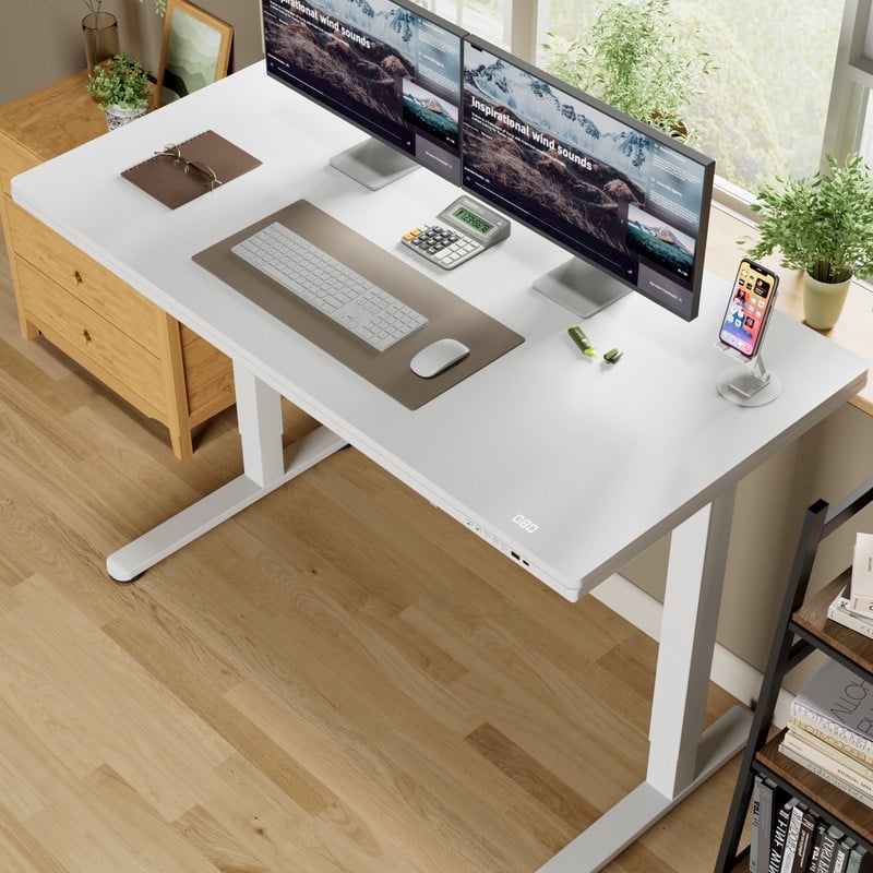 Homall 48" x 24" Wood Top Electric Standing Desk with Drawer, Height Adjustable Desk with Phone Stand & Charging Ports, Sit Stand up for Home Office,White
