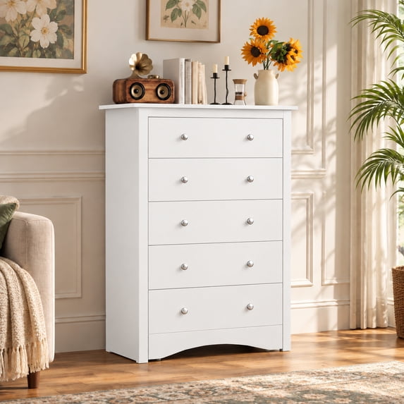 Homall 5 Drawer Chest for Bedroom, Modern Tall Dresser with Smooth-Gliding Drawers, White