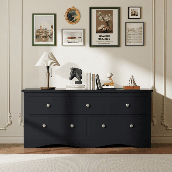 Homall 5 Drawer Double Dresser, Modern Wood Chest of Drawer for Living Room Bedroom,Black