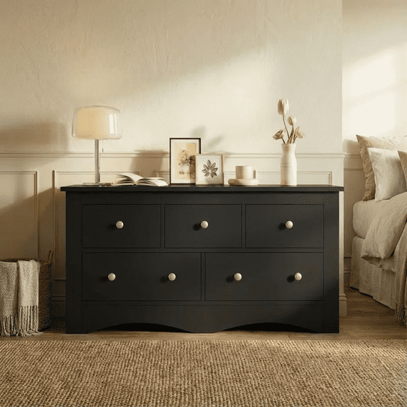 Homall 5 Drawer Double Dresser, Modern Wood Chest of Drawer for Living Room Bedroom,Black