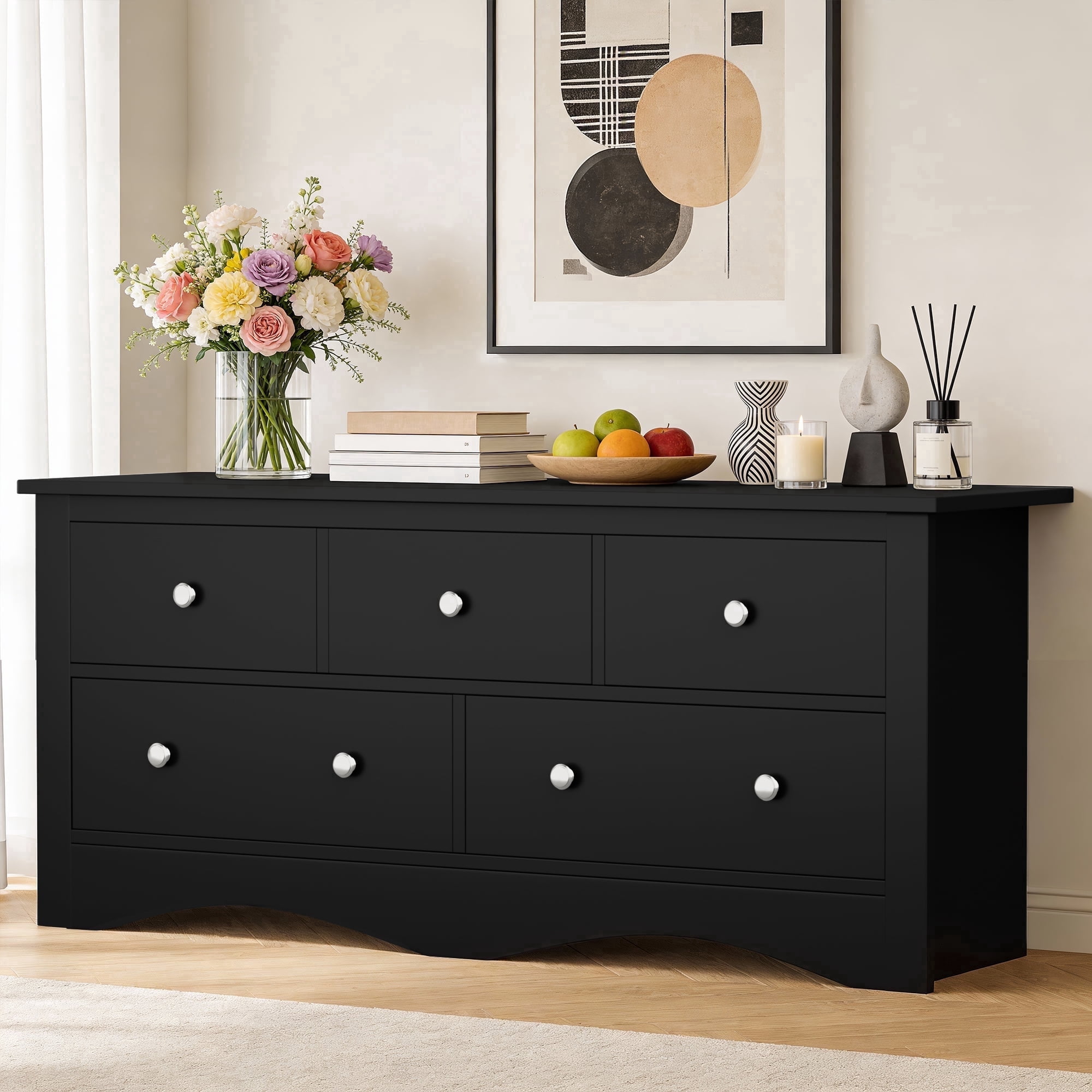 Homall 5 Drawer Double Dresser, Modern Wood Chest of Drawer for Living Room Bedroom,Black