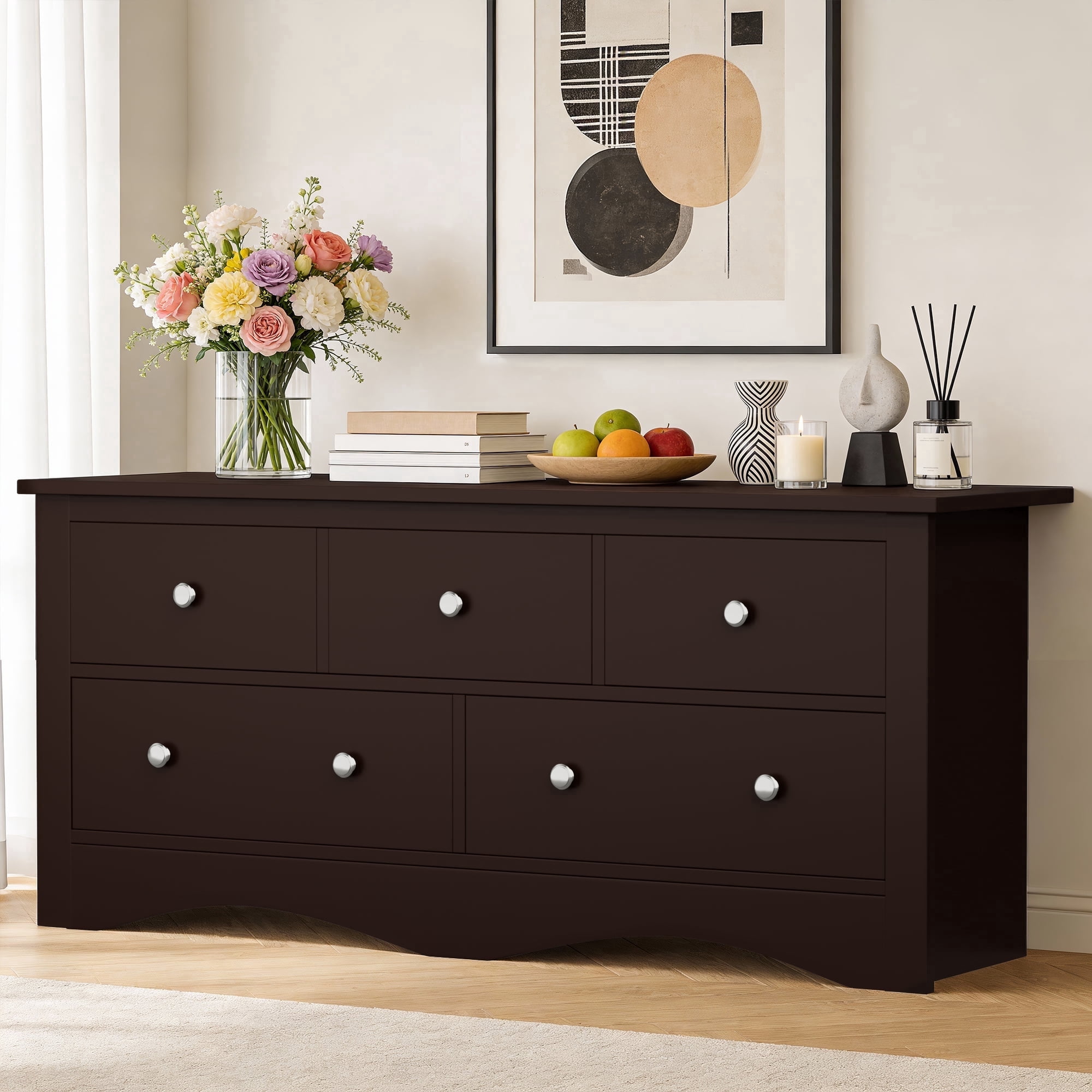 Homall 5 Drawer Double Dresser, Modern Wood Chest of Drawer for Living Room Bedroom,Brown