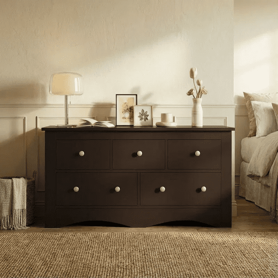 Homall 5 Drawer Double Dresser, Modern Wood Chest of Drawer for Living Room Bedroom,Brown