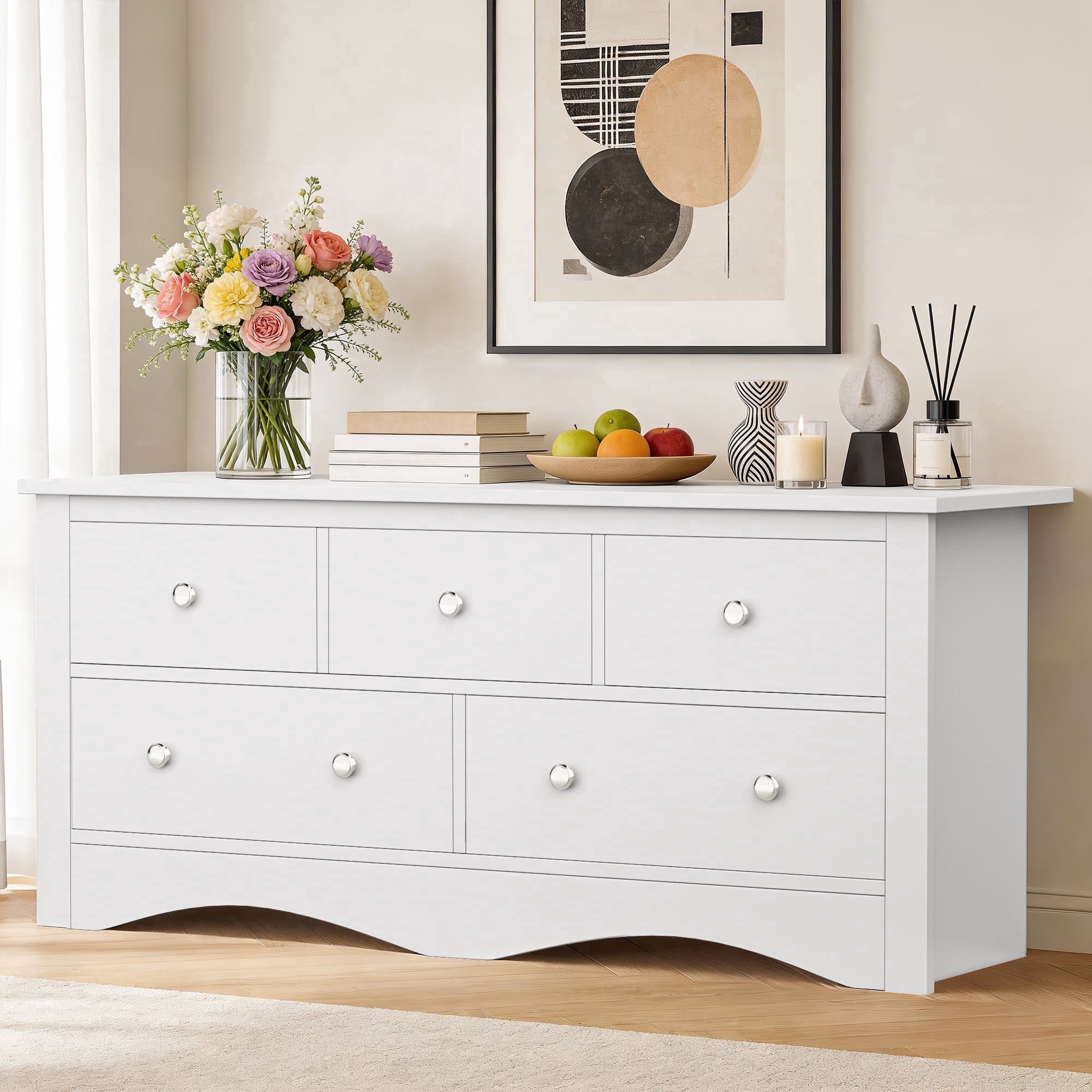 Homall 5 Drawer Double Dresser, Modern Wood Chest of Drawer for Living Room Bedroom,White