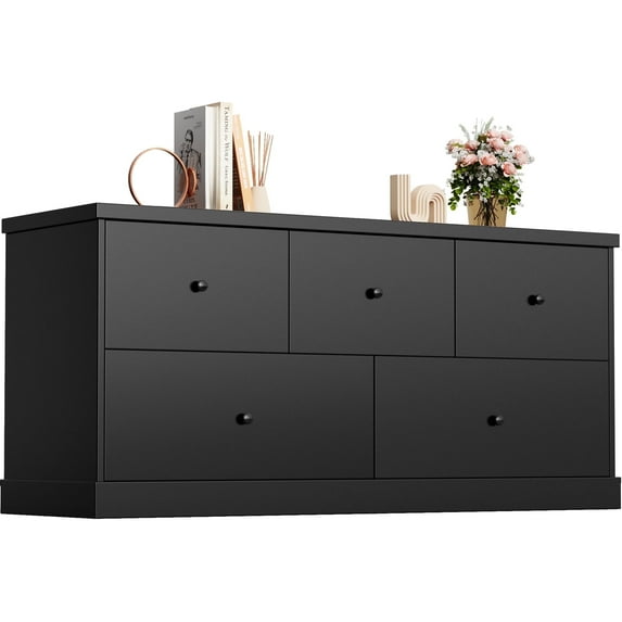 Homall 5 Drawer Dresser Wood Storage Cabinet Double Tier Chest of Drawer TV Stand for Bedroom, Living Room, Black