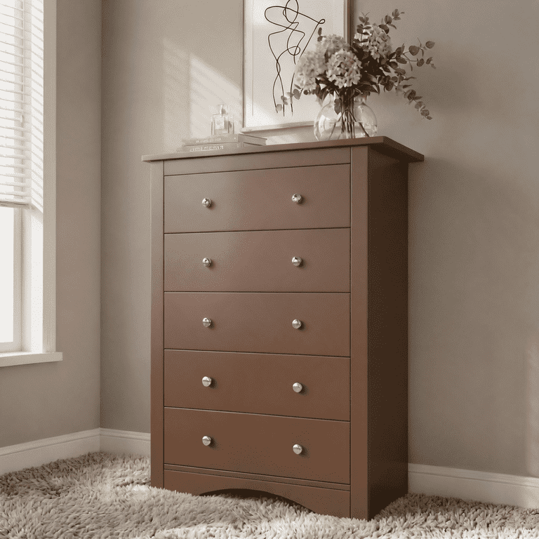 tall brown dresser for bedroom Homall 5 Drawer Bedroom, Wide Storage Cabinet for Living Room, Wood Chest of Drawers with Metal Handles, provide enough storage space