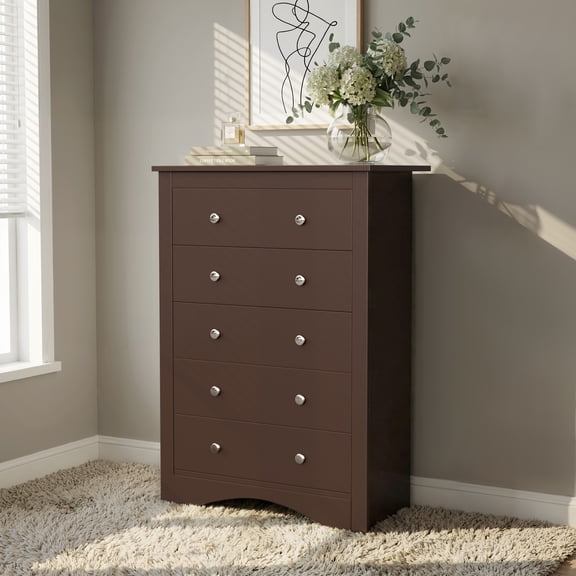 Homall 5 Drawer Dressers for Bedroom Equipped with an Anti-Toppling Device, Modern Wood Chest for Living Room, Hallway,Brown