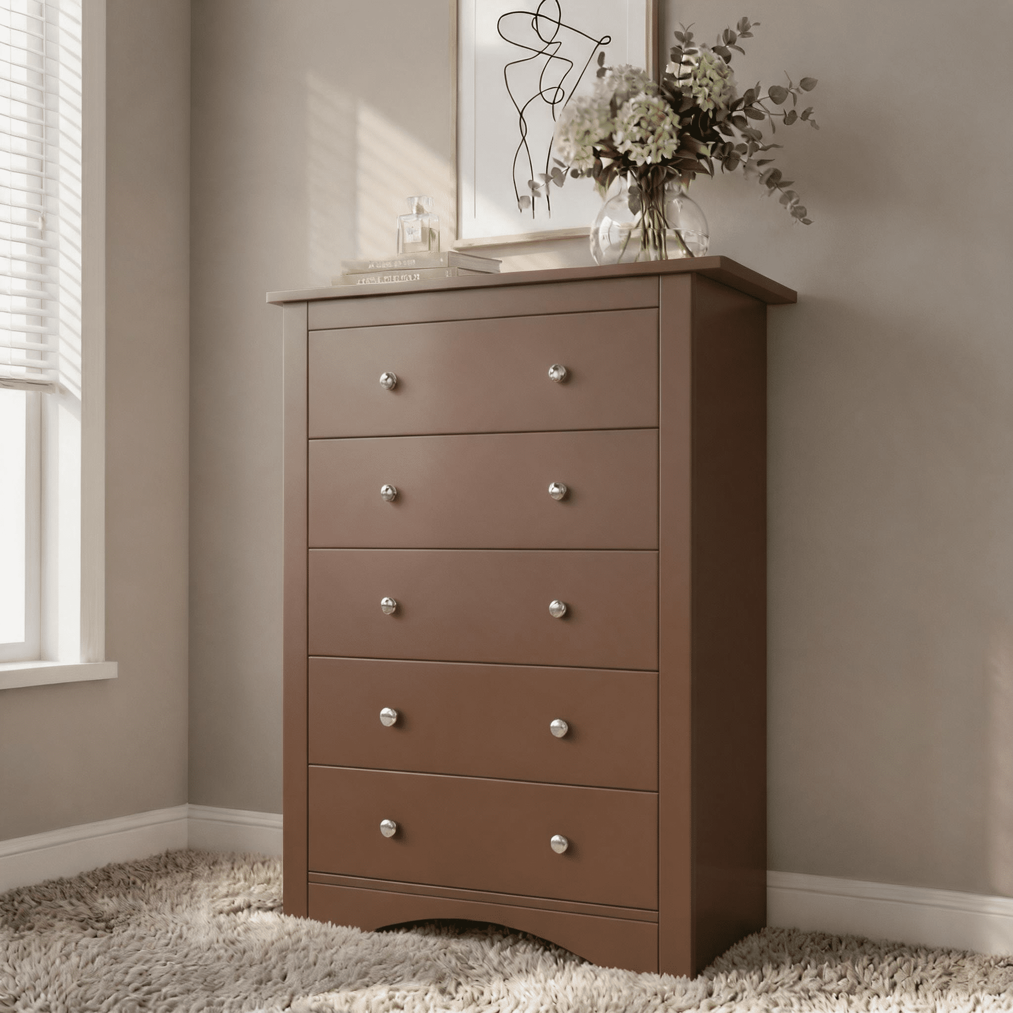 Homall 5 Drawer Tall Dresser for Bedroom, Wide Storage Cabinet for Living Room, Wood Chest of Drawers with Metal Handles, Brown