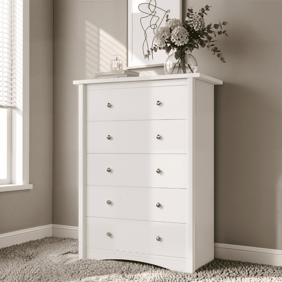 Homall 5 Drawer Tall Dresser for Bedroom, Wide Storage Cabinet for Living Room, Wood Chest of Drawers with Metal Handles, White