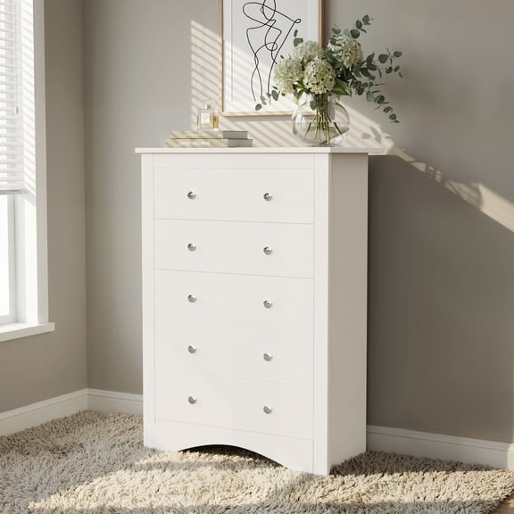 Homall 47'' Tall 5 Drawer Dressers for Bedroom, Modern Wood Chest of Drawers for Living Room, White