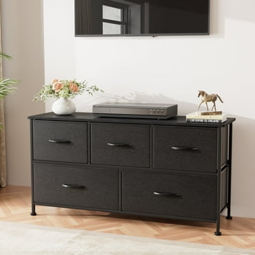 Homall 5 Drawer Dressers Wide Chest of Drawers Nightstand TV Stand with Wood Top Rustic Storage Tower Storage Dresser for Living Room, Bedroom, Hallway, Black
