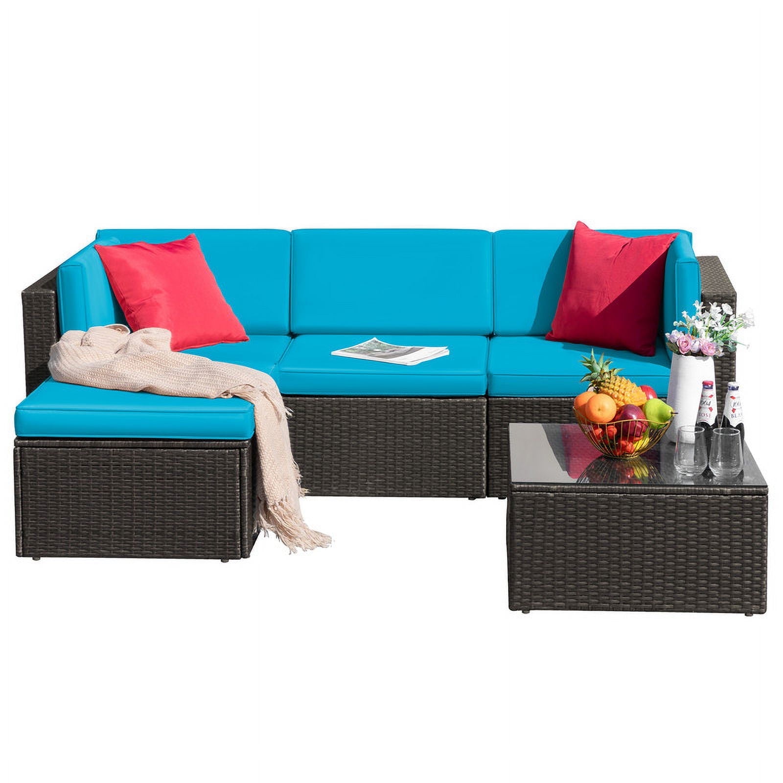 Homall 5-Piece PE Rattan Outdoor Sectional Sets with Tea Table and Ottoman, Blue