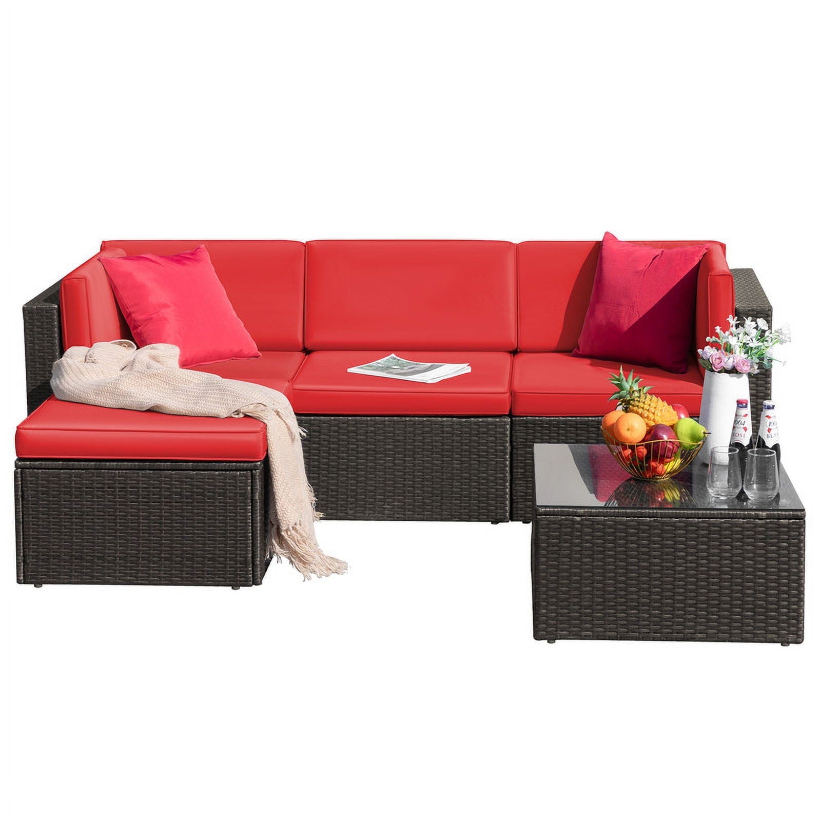 Homall 5 Pieces Outdoor Sectional Sofa with Tea Table, Red