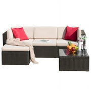 Homall 5 Pieces Outdoor Sectional Sofa with Tea Table and Ottoman, PE Rattan Patio Furniture Sets, Beige Cushion