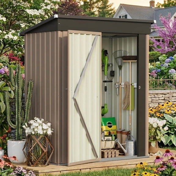 Homall 5 x 3 ft Outdoor Storage Shed, Metal Garden Tool Shed with Floor Frame & Lockable Doors for Patio Backyard Lawn, Brown