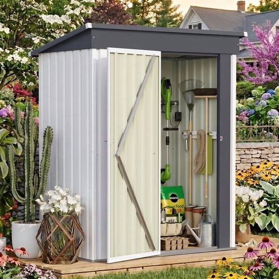 Homall 5 x 3 ft Outdoor Storage Shed, Metal Garden Tool Shed with Floor Frame & Lockable Doors for Patio Backyard Lawn, White
