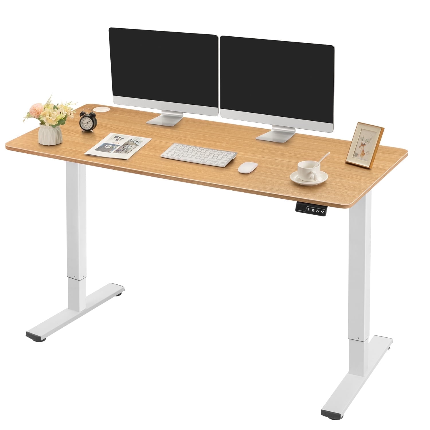 Homall 55" × 24" Electric Height Adjustable Standing Desk Home Office Computer Desk Memory Preset with T-Shaped Metal Bracket, White&Wood