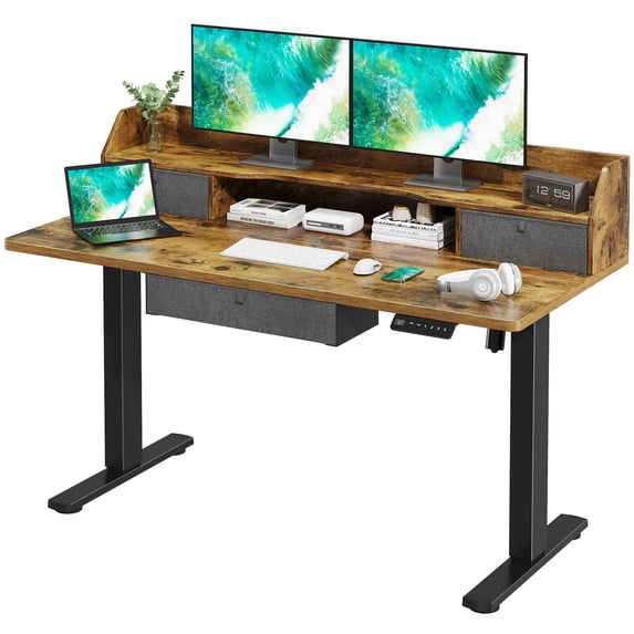 Homall 55" Height Adjustable Electric Standing Desk Sit-Stand Desk with Storage Shelf And Drawer Lifting Range 28~48" Office Computer Desk,Brown