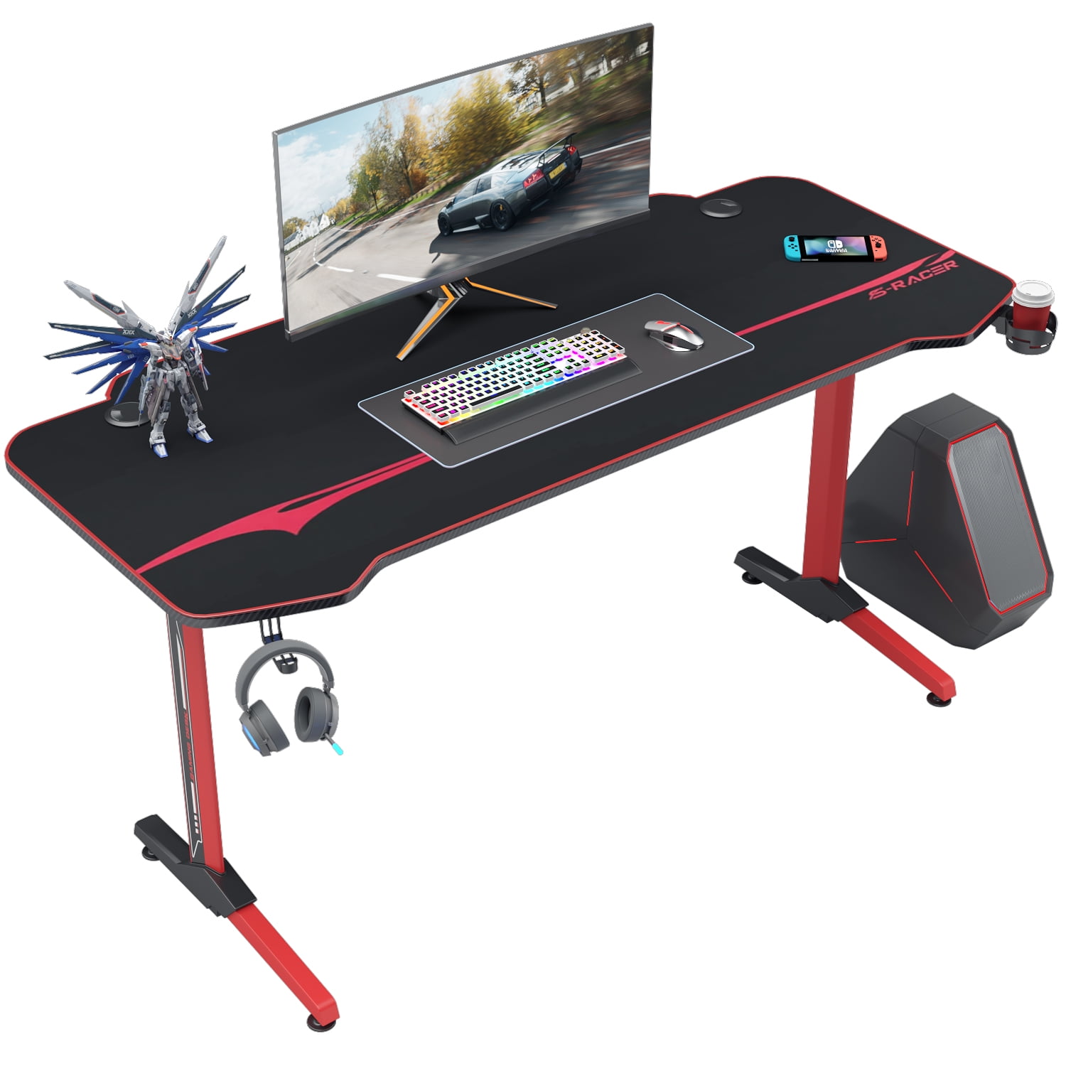 Homall 55 Inch T Shaped Legs Surface PC Laptop Computer Gaming Desk with Cup Holder Headphone Hook Red
