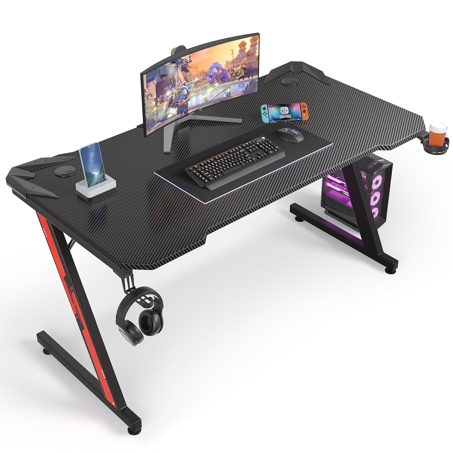 PCデスク ブラック Homall Gamer PC Desk, 55'' Z-Shaped, RGB Lights, Carbon Fiber
