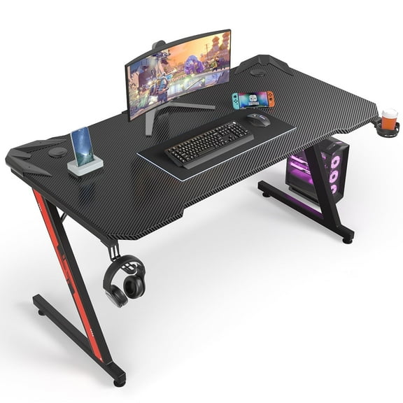 Homall 55 Inches Z-Shaped Gaming Desk Carbon Fiber Surface Desk with Cup Holder & Headphone Hook, Black