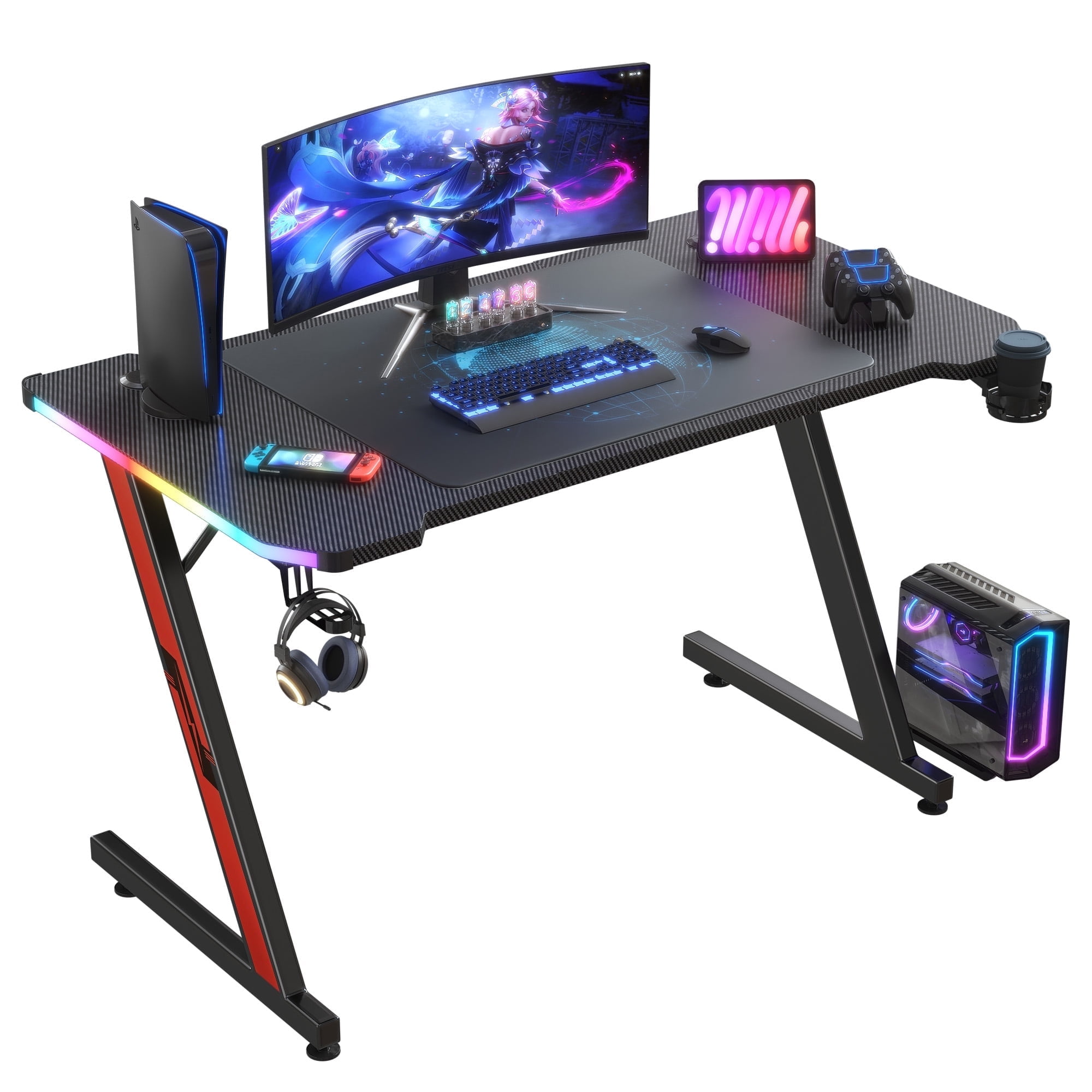 Homall Gamer PC Desk, 55'' Z-Shaped, RGB Lights, Carbon Fiber