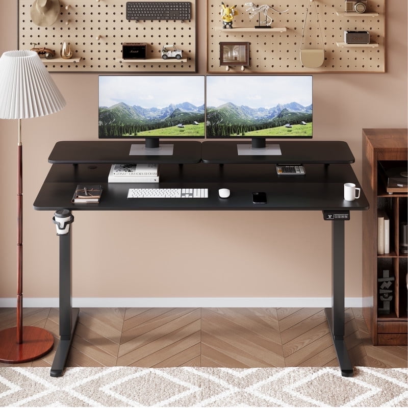 Homall 55" Wide Electric Height Adjustable Standing Desk with Monitor Stand Lifting Range 28~46" Stand Up Office Desk for Home Office,Black