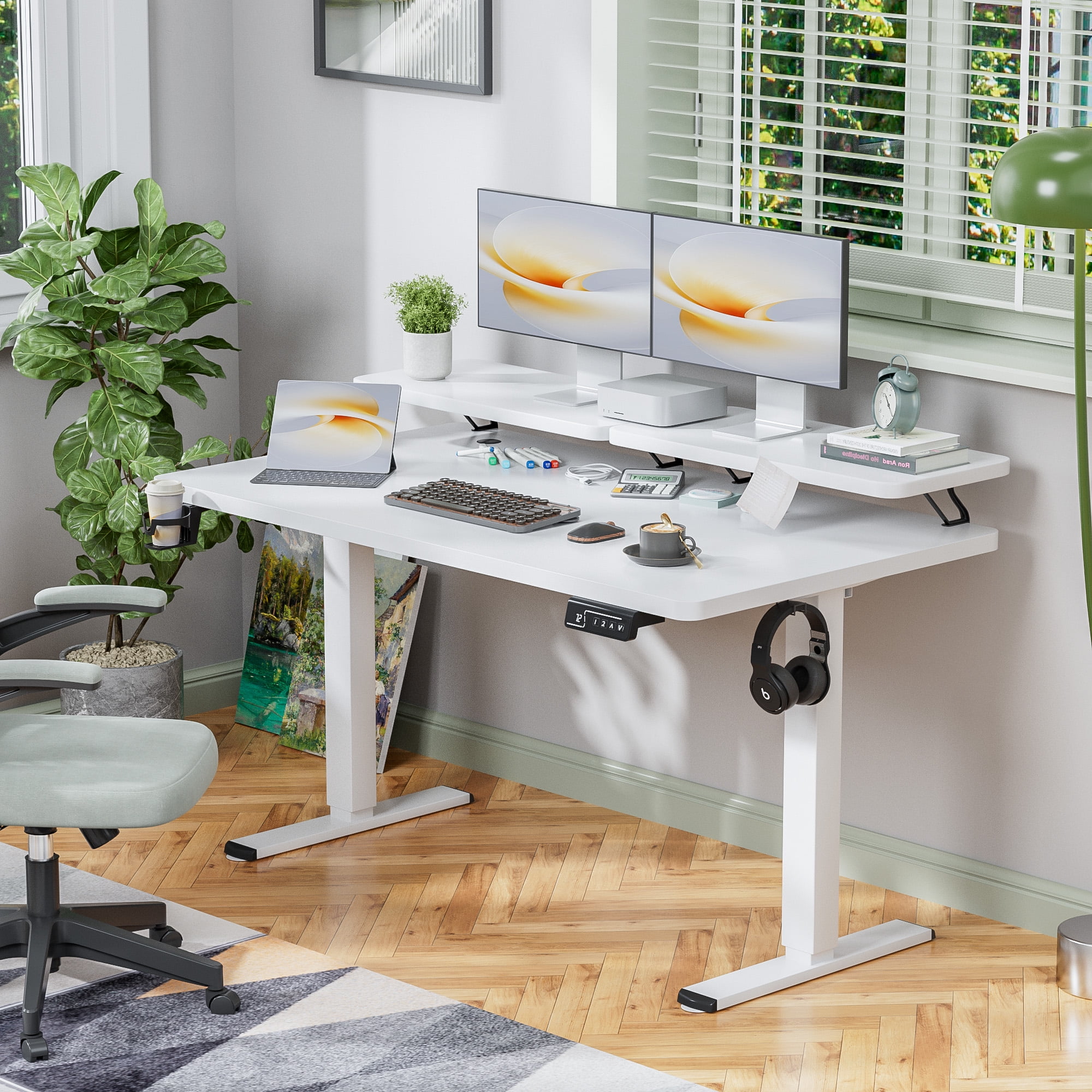 Homall 55" Wide Home Office Electric Height Adjustable Standing Desk Lifting Range 28~46" Computer Desk with Monitor Stand,White