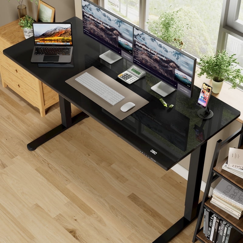 Homall 55" x 24" Glass Top Electric Standing Desk with Drawer, Height Adjustable Desk with Phone Stand & Charging Ports, Sit Stand up for Home Office,Black