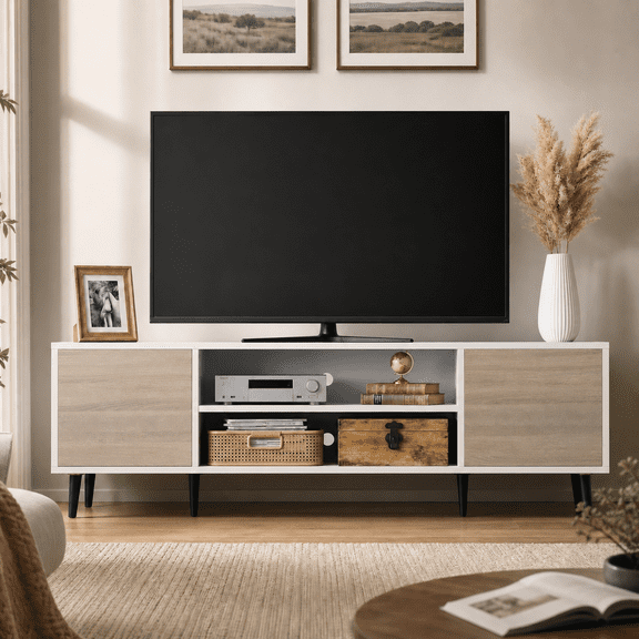 Homall 58'' Mid-Century Modern TV Stand for TVs up to 65'', Wood Entertainment Center with Storage Cabinets & Open Shelves, TV Console Table for Living Room, White