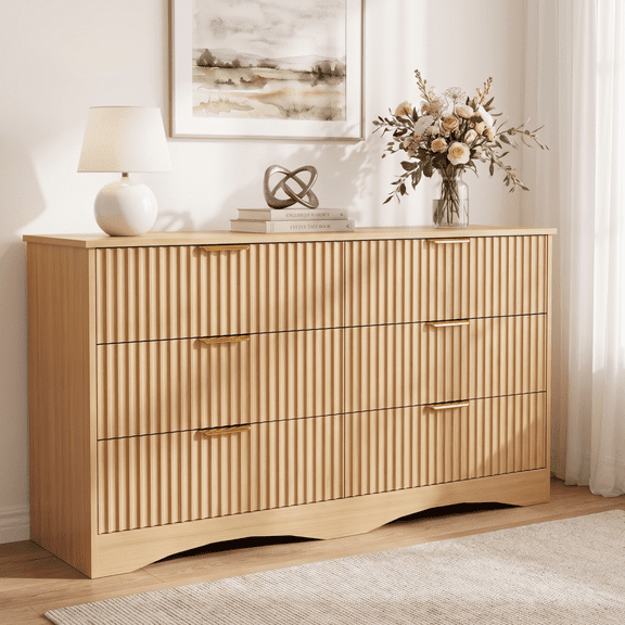 Homall 6 Drawer Fluted Dresser for Bedroom, 47'' Modern Dresser Chest of Drawers with Gold Handles & Curved Base, Wood Storage Dresser Organizer for Living Room, Entryway, Natural