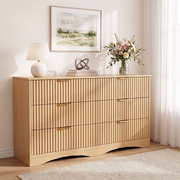 Homall 6 Drawer Fluted Dresser for Bedroom, 47'' Modern Dresser Chest of Drawers with Gold Handles & Curved Base, Wood Storage Dresser Organizer for Living Room, Entryway, Natural